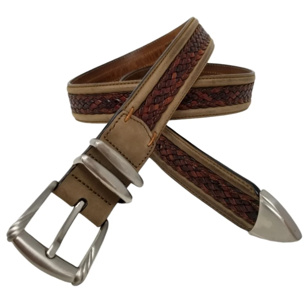Tommy Bahama Braided Leather Belt Men's Size 36 Brown Tan Western Silver Tone